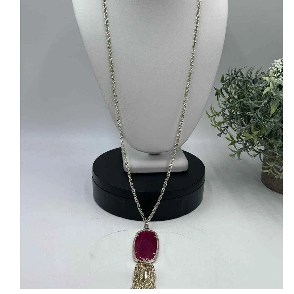 Kendra Scott Rayne Magenta Maroon Jade Tassel‎ Gold Plated Long Necklace